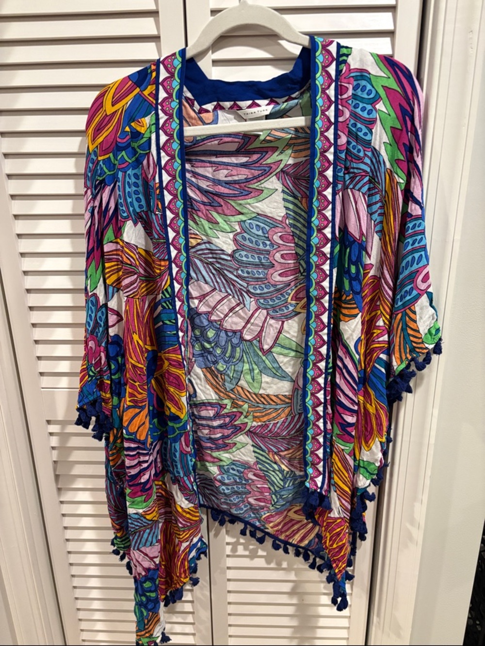 Colorful Tropical Leaf Print Kimono with Tassels